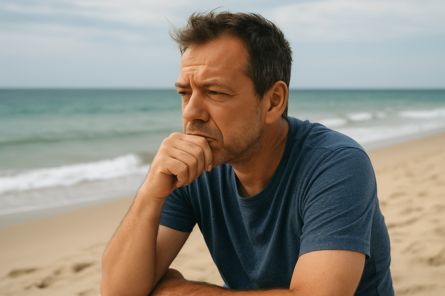 photo of a guy at the beach considering his life