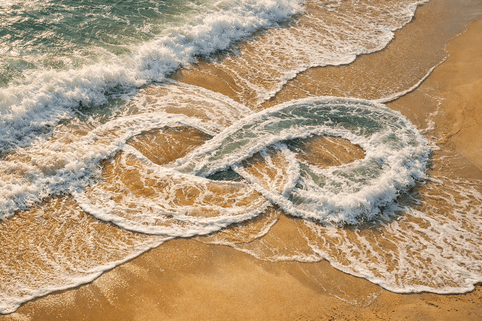 Intertwined ocean tides on sand symbolizing connection and complexity.