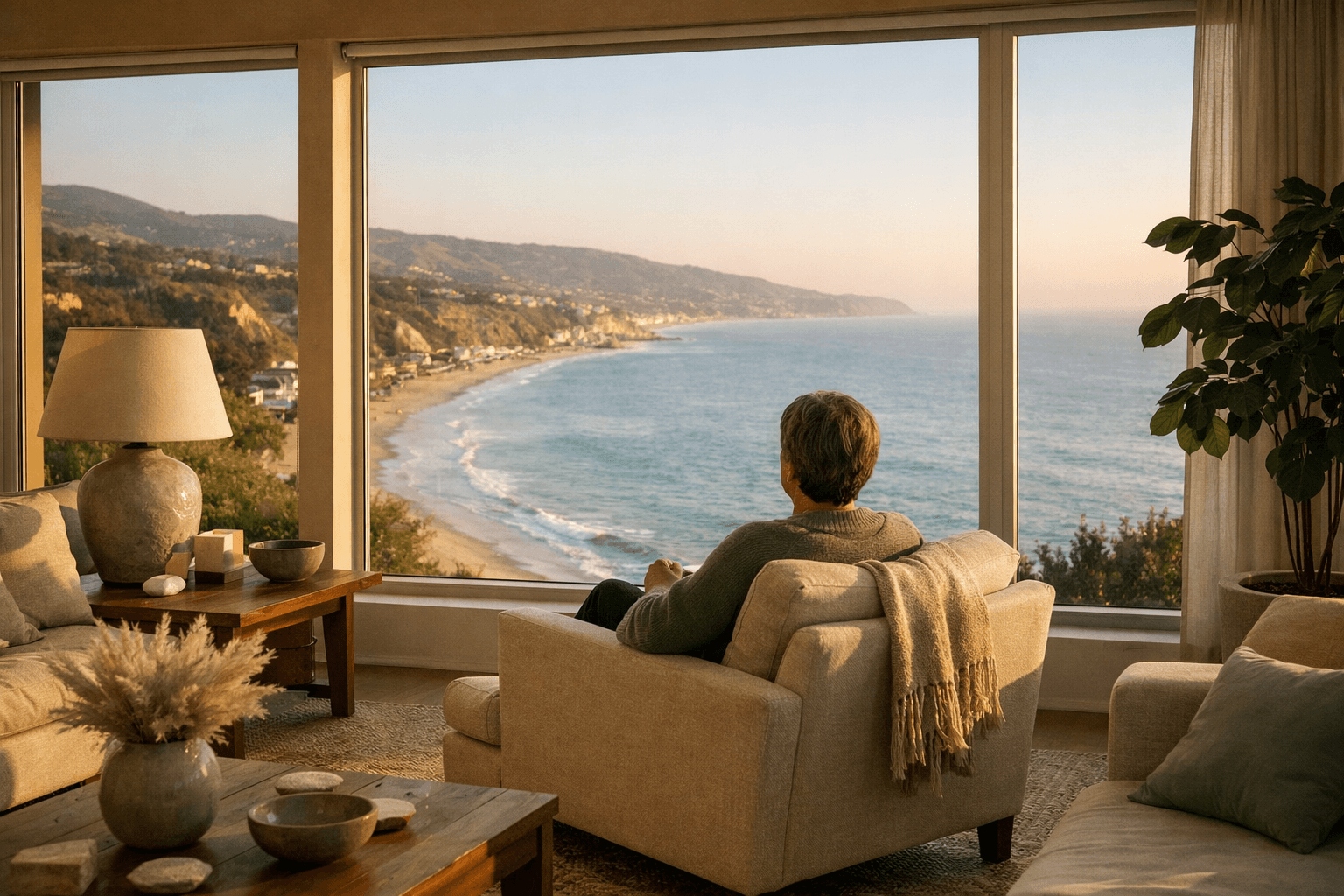 Person sitting in a chair, gazing out at ocean views through large windows.