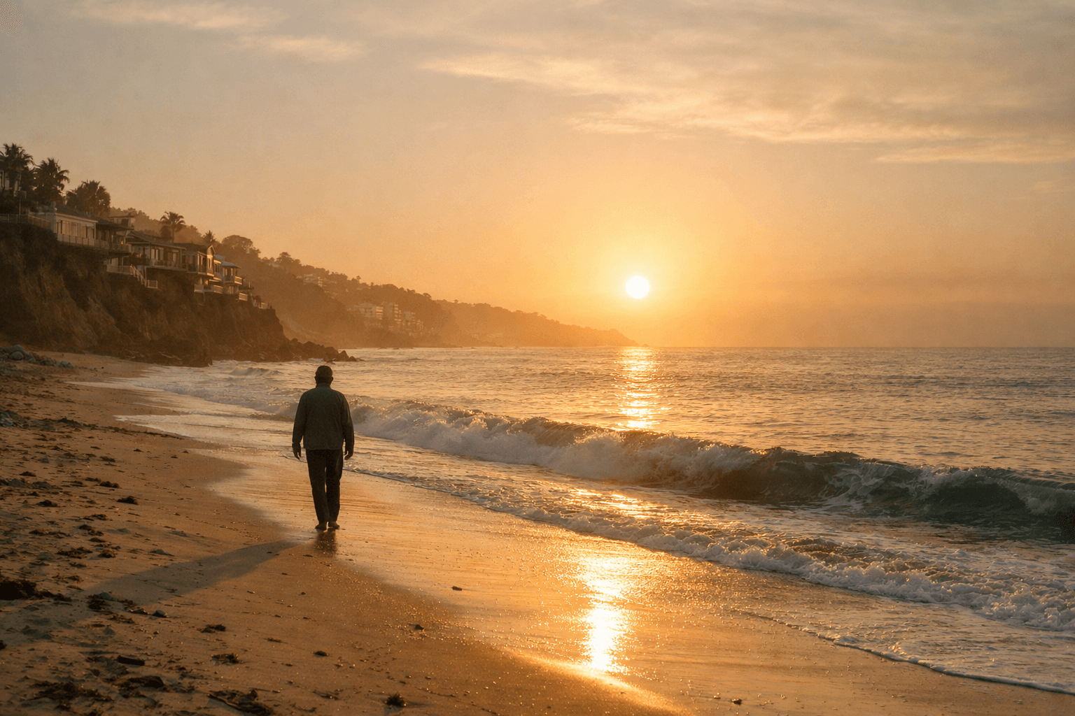 Silhouette of a person walking on the beach at sunset.