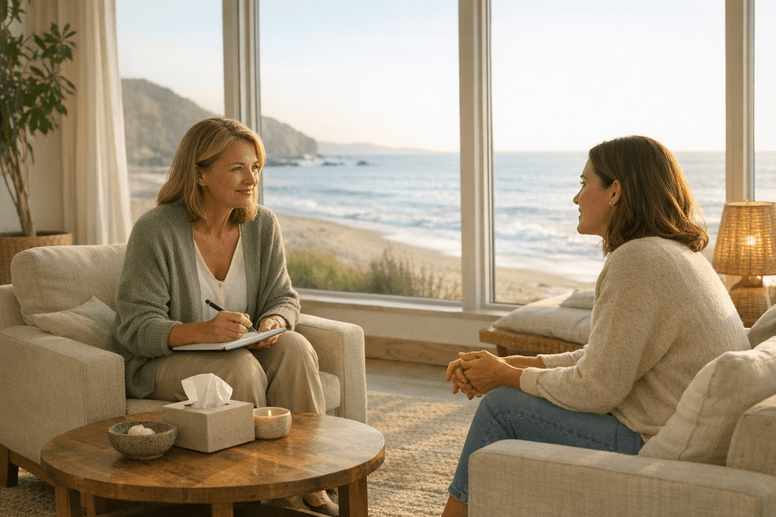 Therapist and client talking in a serene, upscale beachside setting.