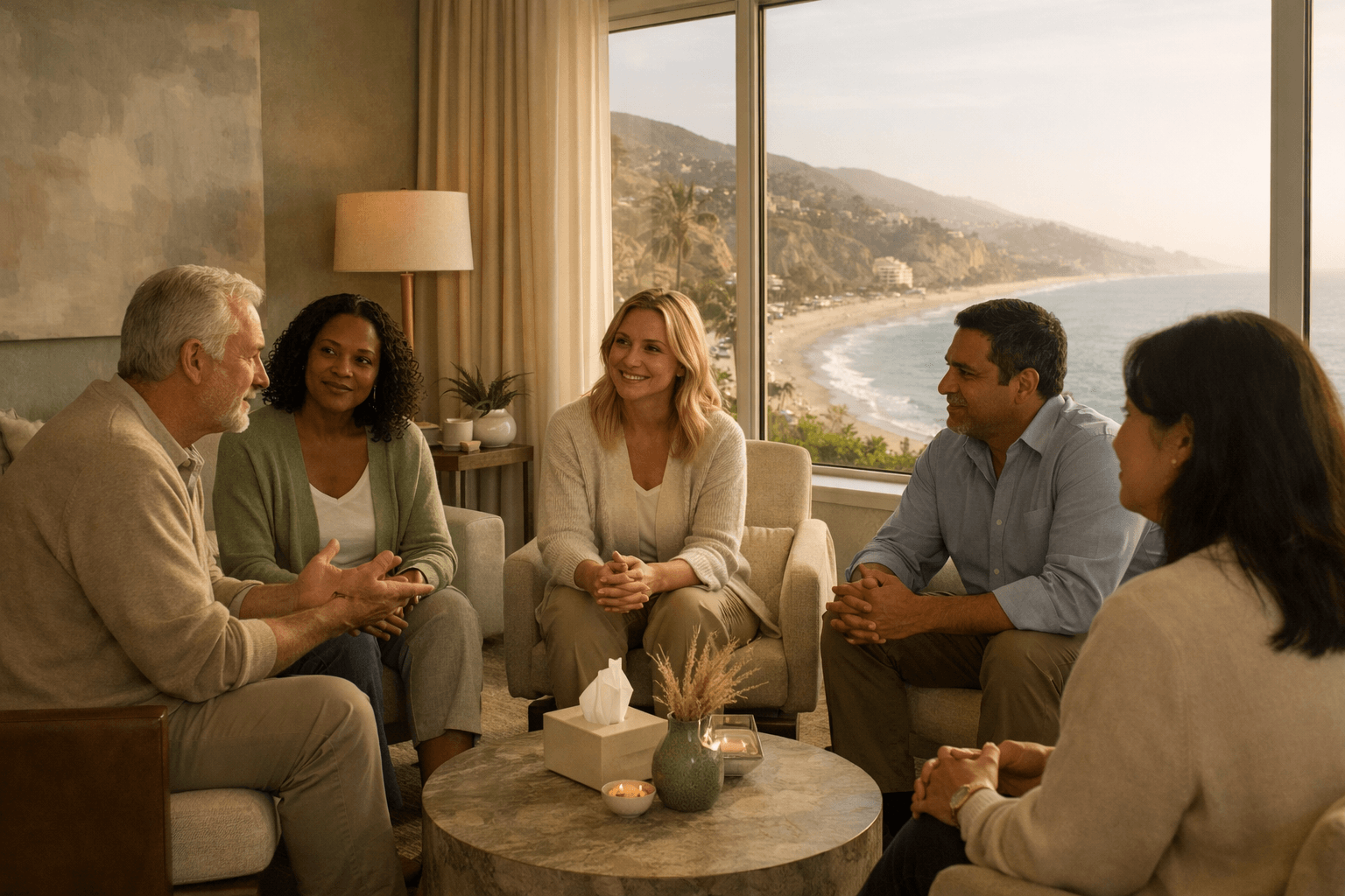 Group discussion in a luxurious seaside therapy room.