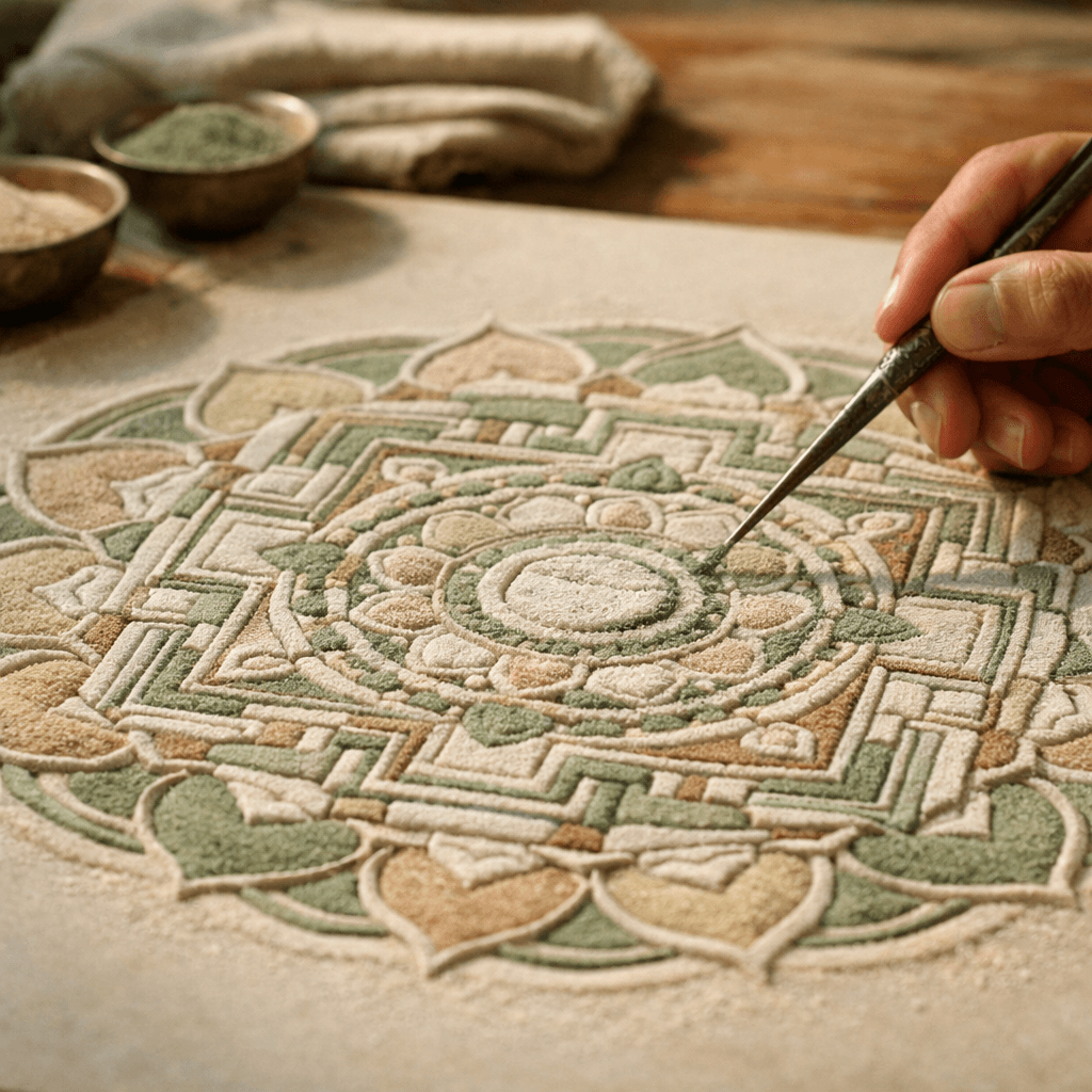 Sand mandala being crafted, symbolizing codependency patterns.