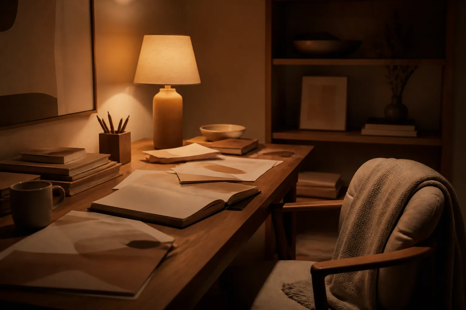 Cozy desk corner with lamp, books, and papers at day's end.
