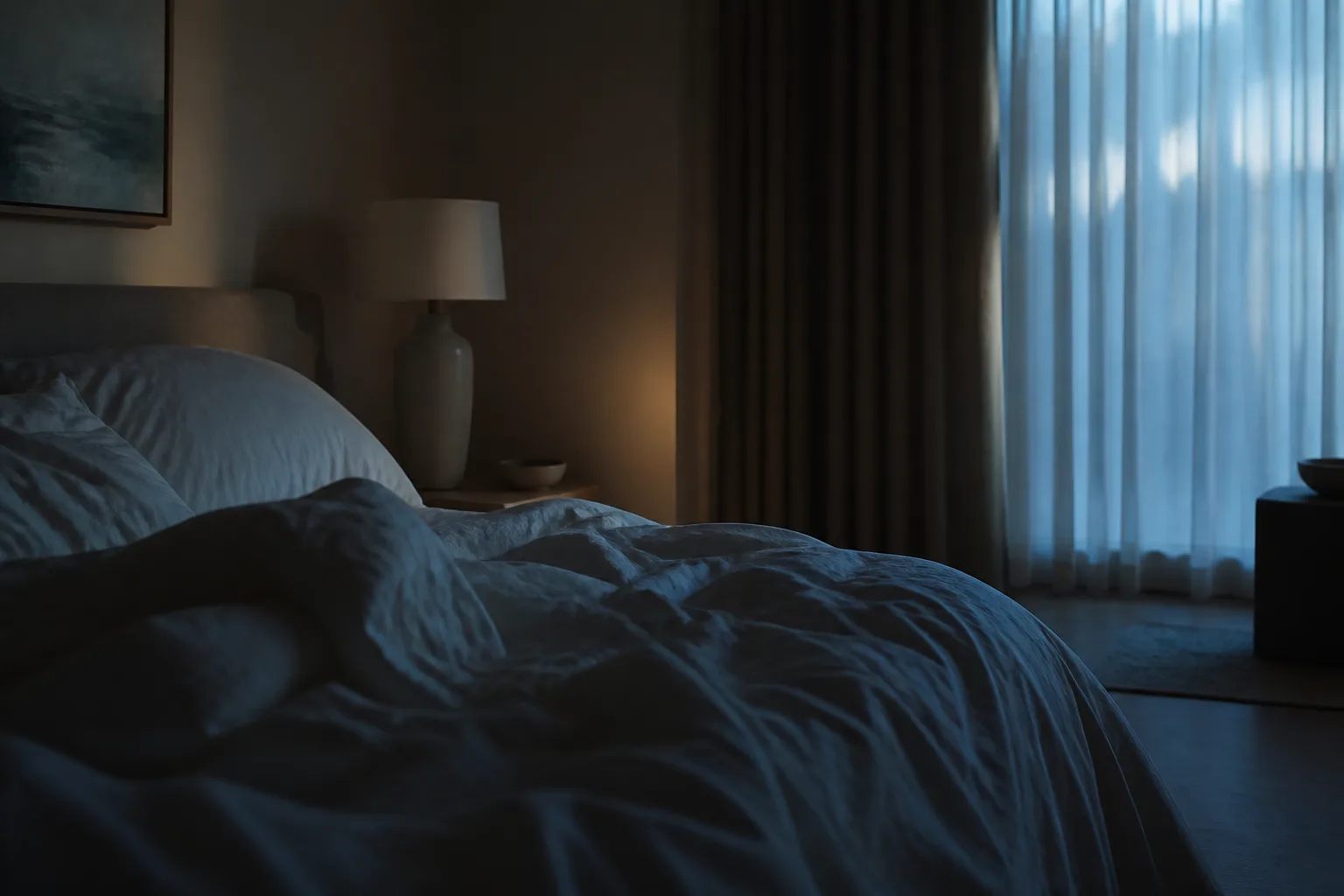 Dimly lit bedroom at night with rumpled bedding and faint light through a curtain.