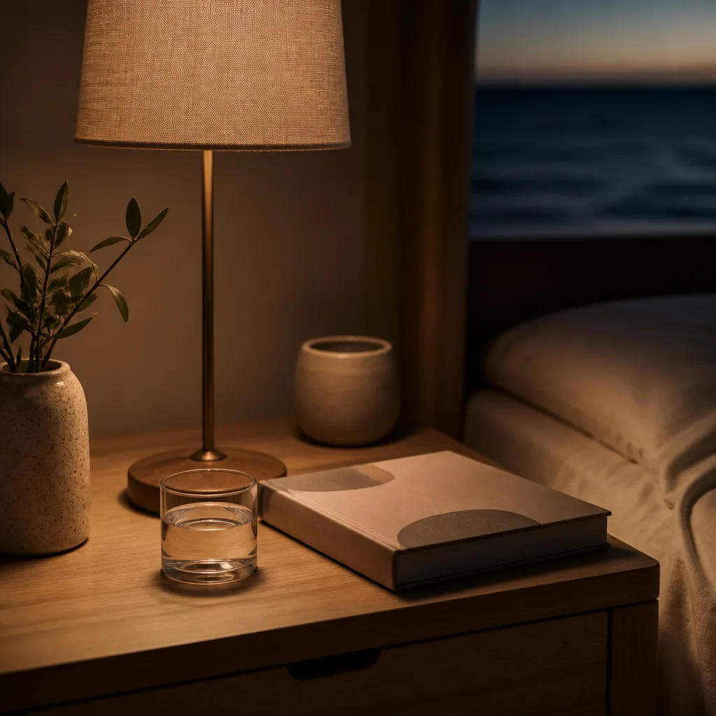 Close-up of a bedside table at night with a lamp casting warm light.