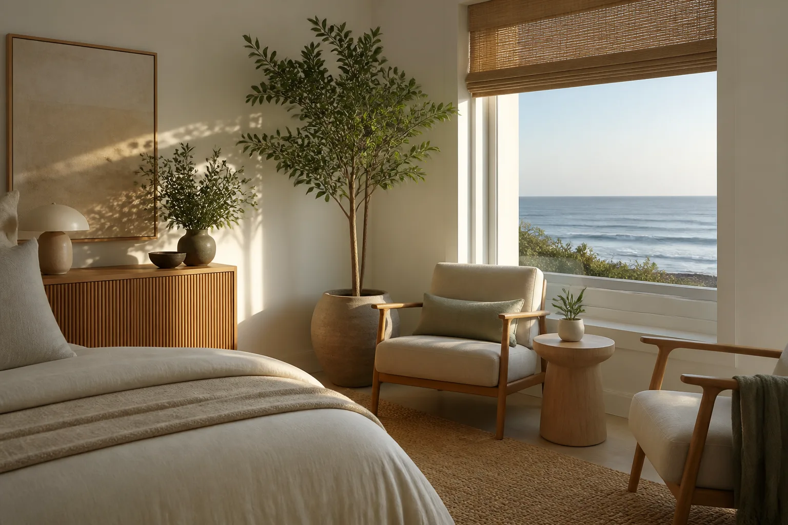 Luxurious private bedroom with soft coastal light through a window.