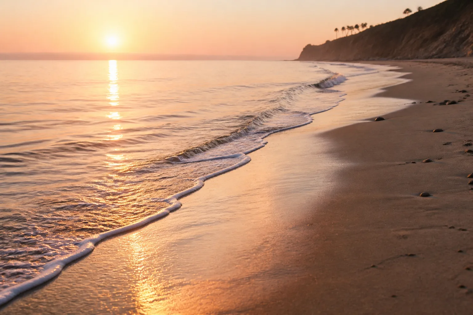 Calm Malibu beach at sunrise with gentle waves and soft light.