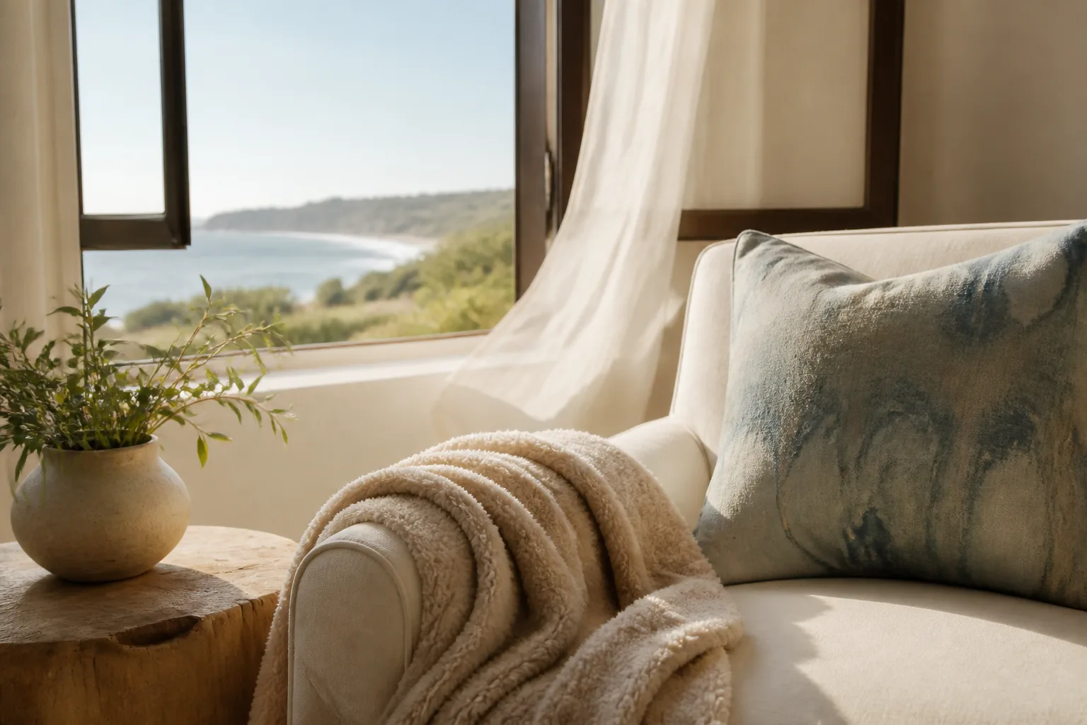 Cozy seating nook with a blanket near an open window in soft light.